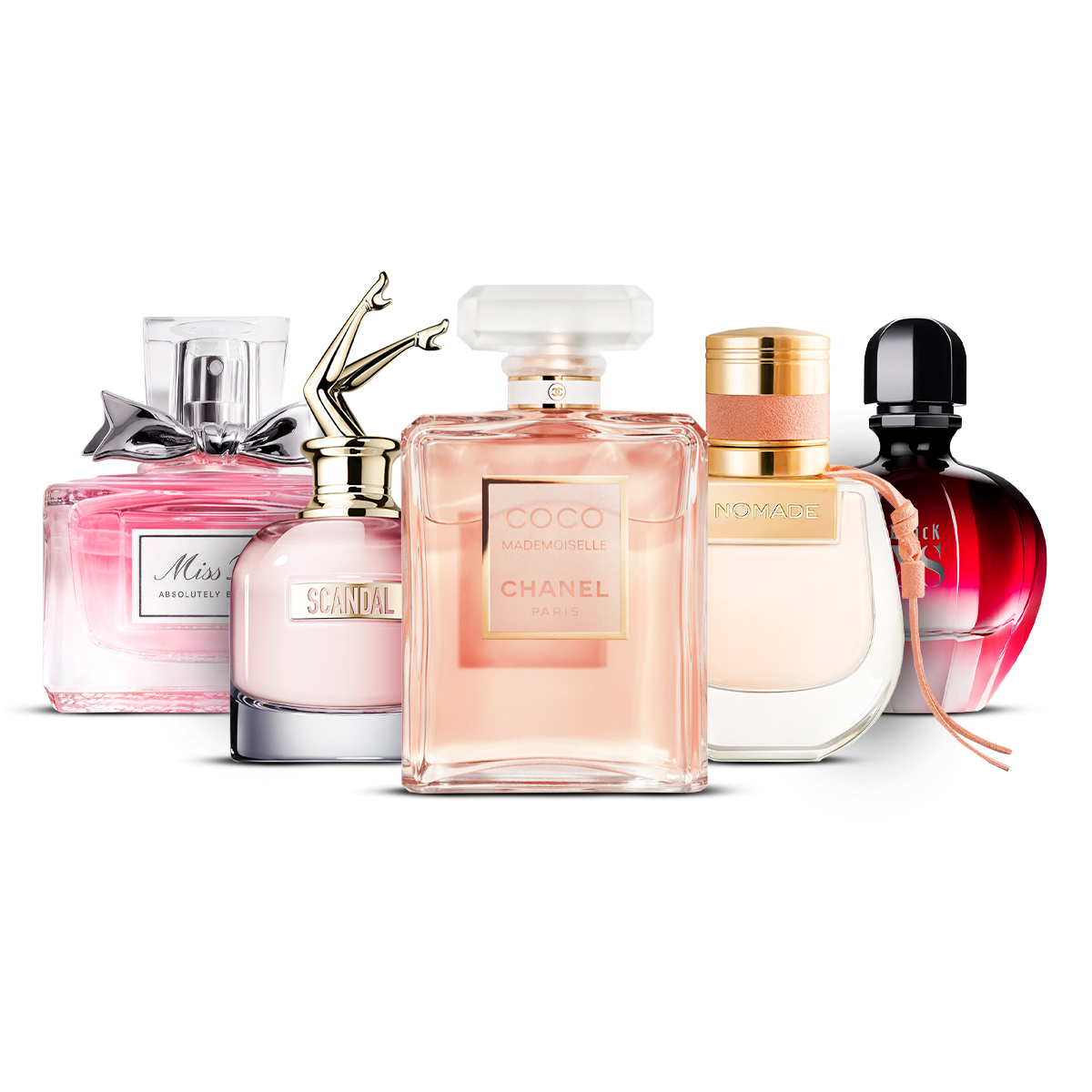Zestaw 5 perfum – Miss Dior Absolutely Blooming, Scandal, Coco Mademoiselle, Nomade i Black XS [100 ml każdy]