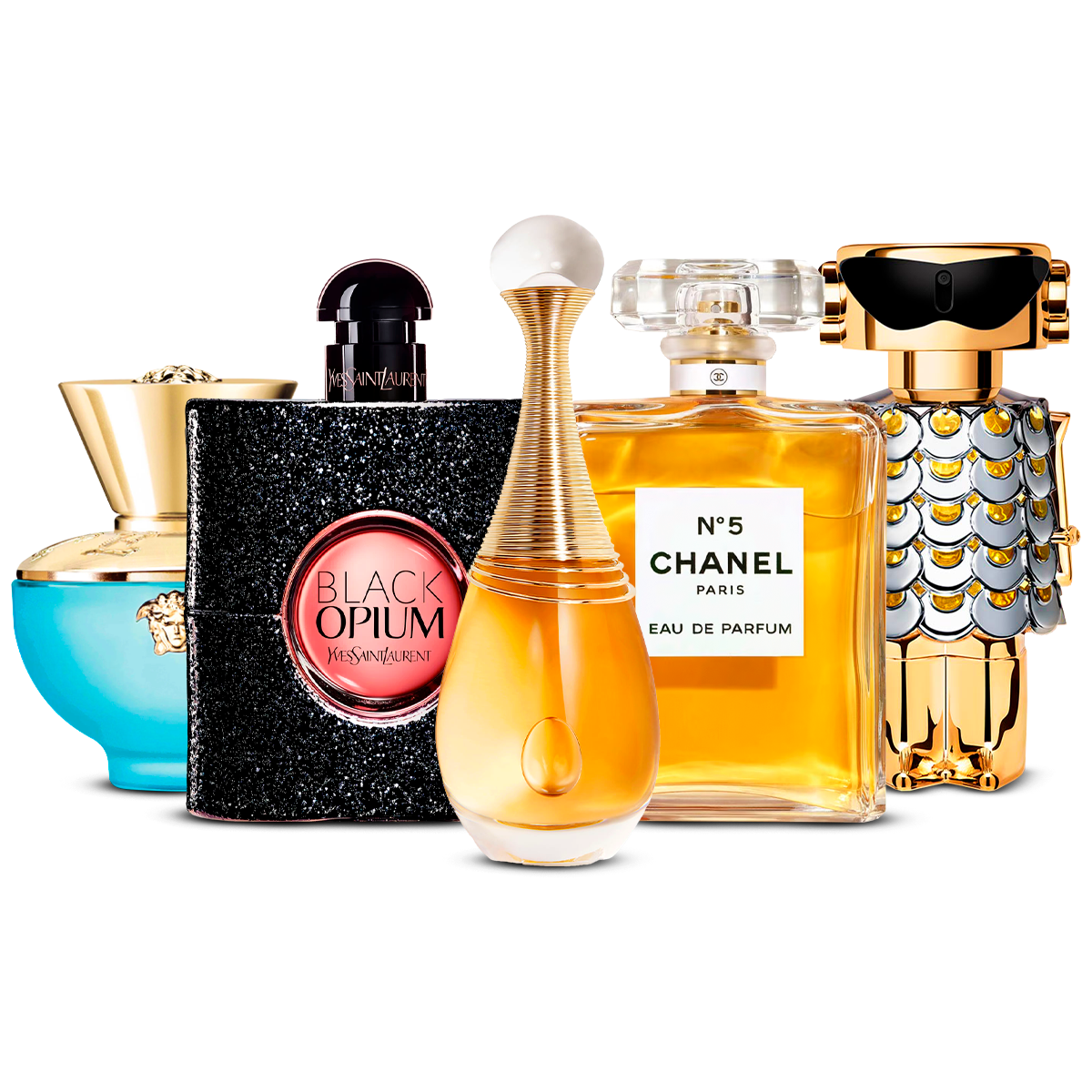 Zestaw 5 perfum – Dylan Turquoise, Black Opium, J'adore, Chanel Nº5 i Fame [100 ml każdy]