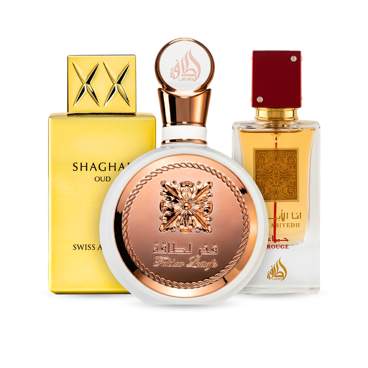 Zestaw 3 perfum | Fakhar Rose + Ana Abiyedh Rouge + Shaghaf Oud 100 ml